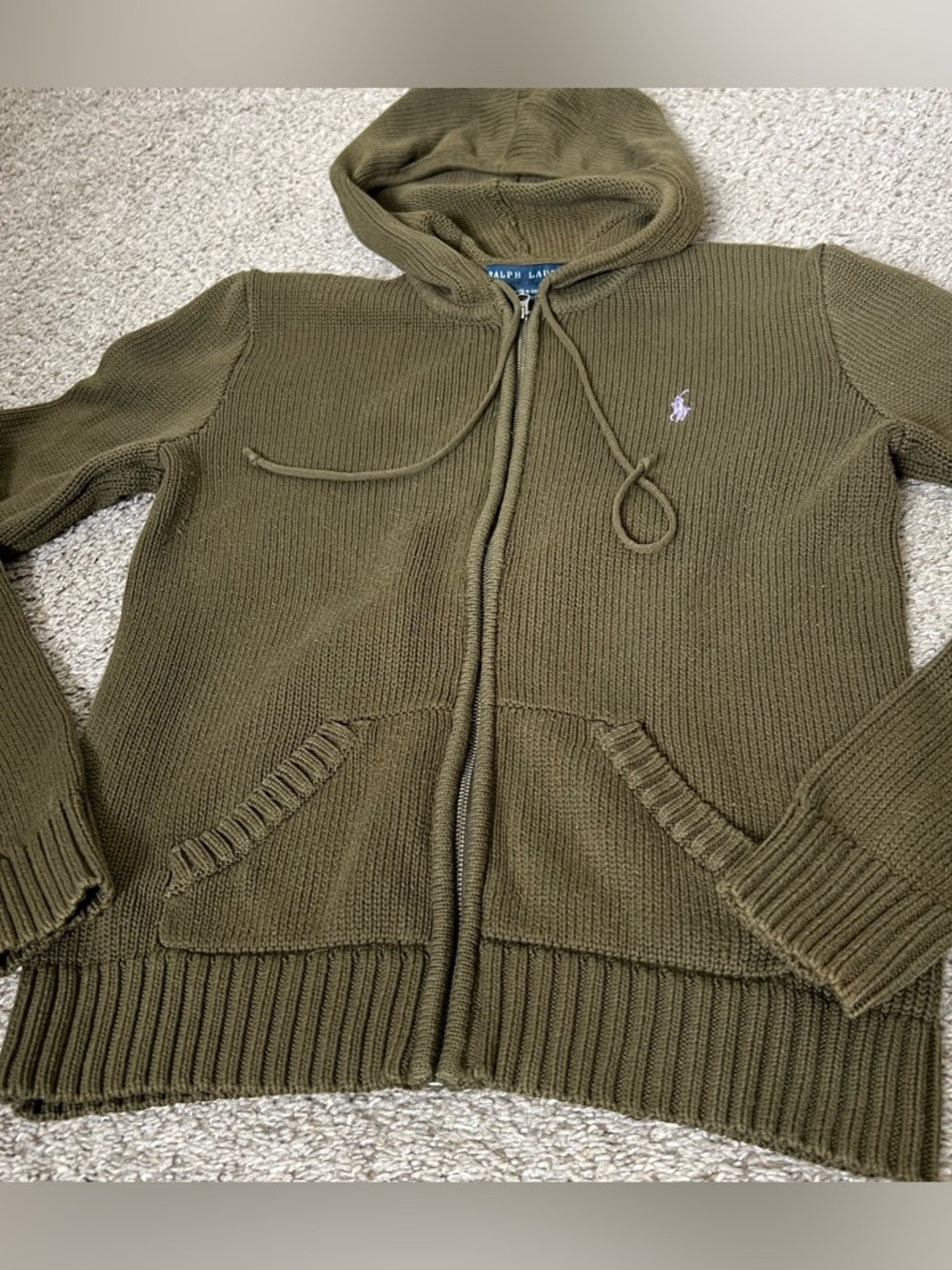Ralph Lauren Cotton Olive Green Knit Zip-Up Hoodie Sweater Size Medium